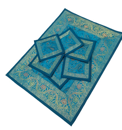 Set of 13 Teal Blue Banarasi Silk Table Runner – Paisley Brocade Decor Gift Item