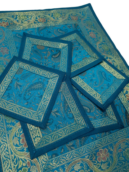 Set of 13 Teal Blue Banarasi Silk Table Runner – Paisley Brocade Decor Gift Item