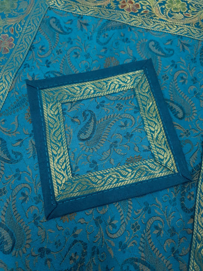 Set of 13 Teal Blue Banarasi Silk Table Runner – Paisley Brocade Decor Gift Item