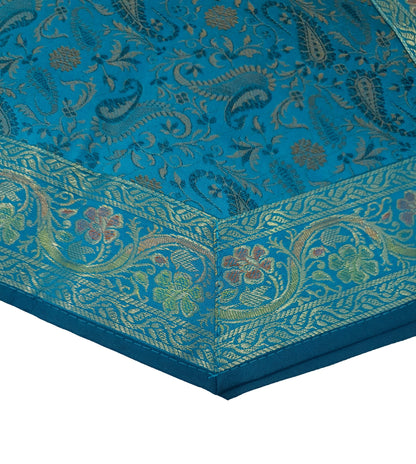 Set of 13 Teal Blue Banarasi Silk Table Runner – Paisley Brocade Decor Gift Item