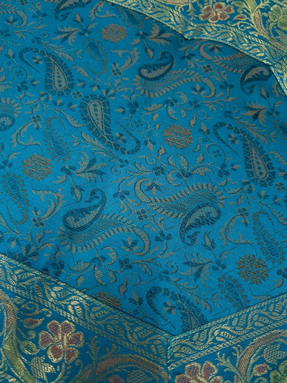 Set of 13 Teal Blue Banarasi Silk Table Runner – Paisley Brocade Decor Gift Item