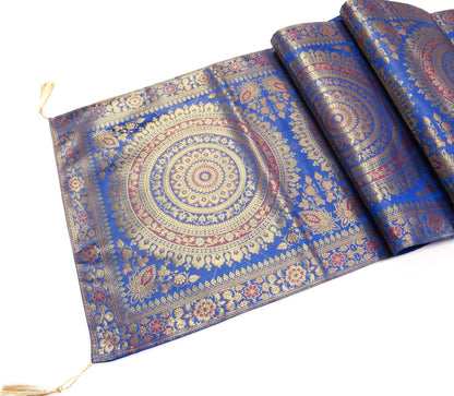 Blue Banarasi Table Runner 72x16" Silk Brocade Mandala Dining Decor Cloth Gift