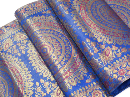 Blue Banarasi Table Runner 72x16" Silk Brocade Mandala Dining Decor Cloth Gift