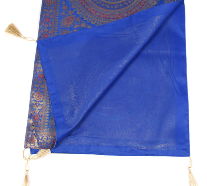 Blue Banarasi Table Runner 72x16" Silk Brocade Mandala Dining Decor Cloth Gift