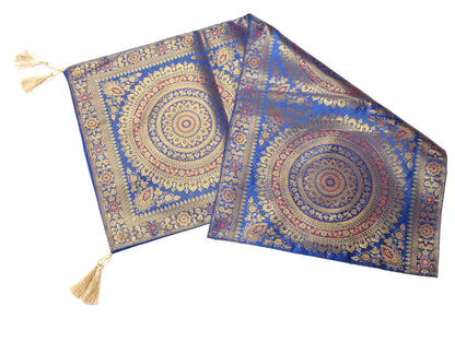 Blue Banarasi Table Runner 72x16" Silk Brocade Mandala Dining Decor Cloth Gift