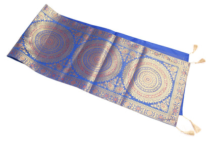 Blue Banarasi Table Runner 72x16" Silk Brocade Mandala Dining Decor Cloth Gift