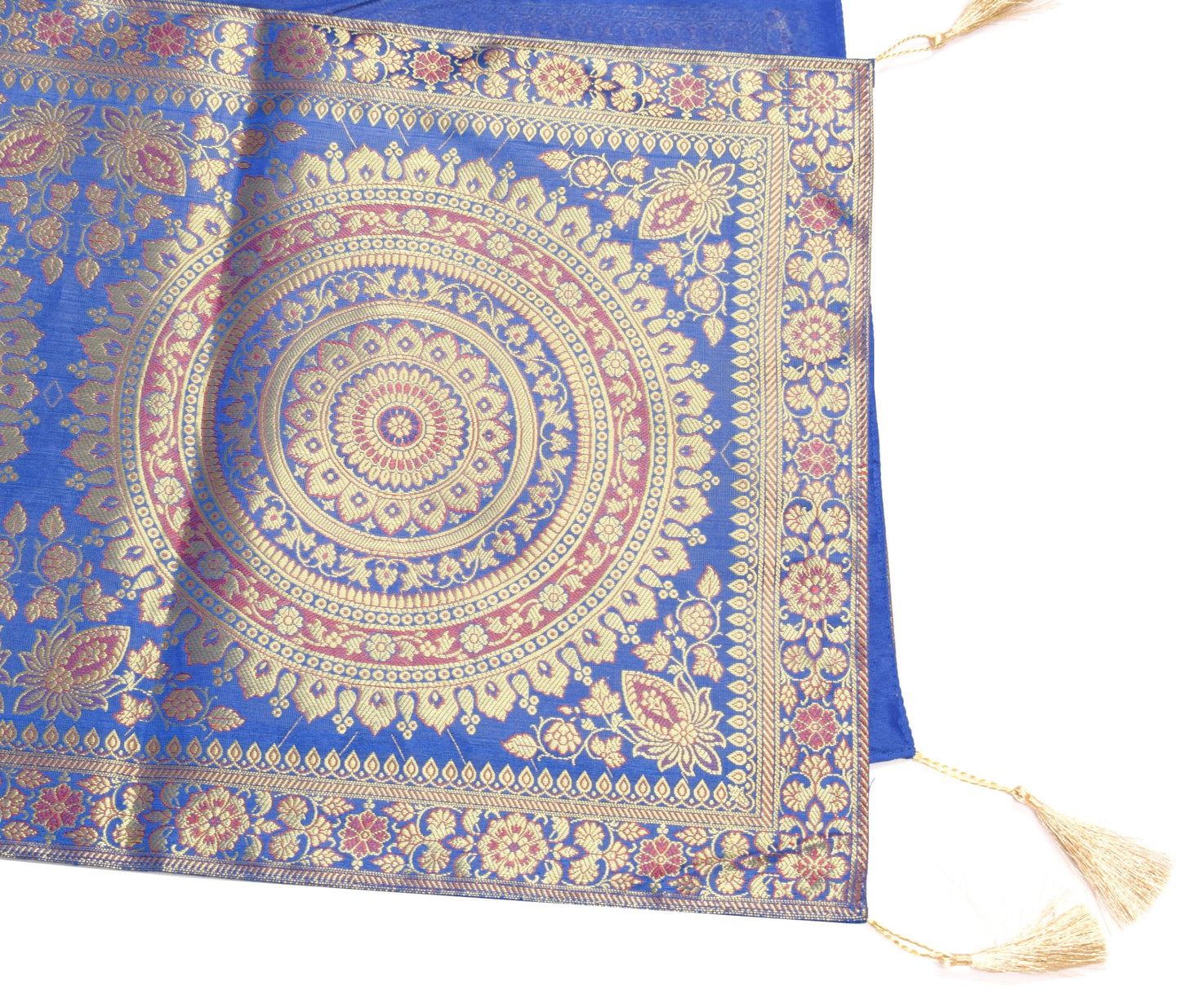 Blue Banarasi Table Runner 72x16" Silk Brocade Mandala Dining Decor Cloth Gift