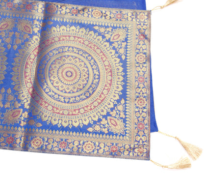 Blue Banarasi Table Runner 72x16" Silk Brocade Mandala Dining Decor Cloth Gift