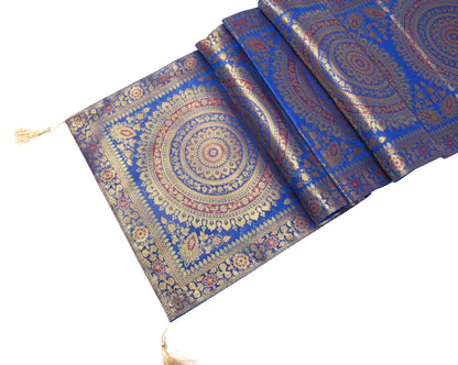 Blue Banarasi Table Runner 72x16" Silk Brocade Mandala Dining Decor Cloth Gift