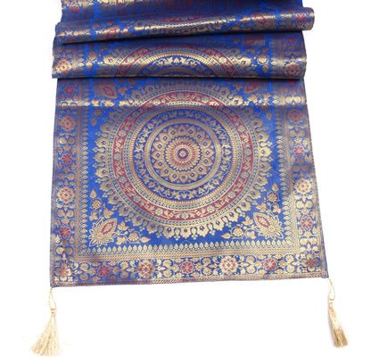 Blue Banarasi Table Runner 72x16" Silk Brocade Mandala Dining Decor Cloth Gift
