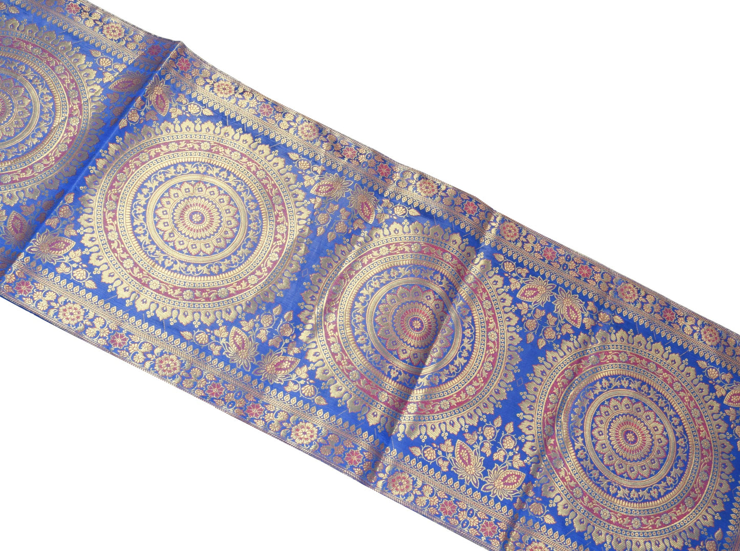 Blue Banarasi Table Runner 72x16" Silk Brocade Mandala Dining Decor Cloth Gift