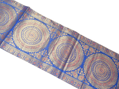 Blue Banarasi Table Runner 72x16" Silk Brocade Mandala Dining Decor Cloth Gift