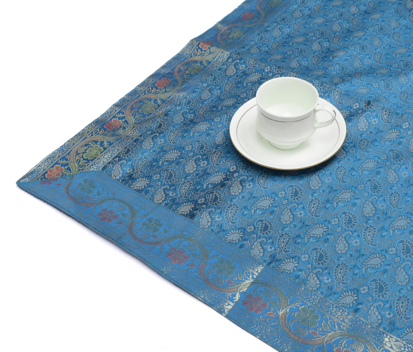 Dining Table Top Cover Cloth Blue Indian Banarasi Silk Woven Paisley 88"x 47"