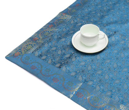 Dining Table Top Cover Cloth Blue Indian Banarasi Silk Woven Paisley 88"x 47"