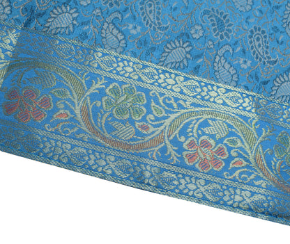 Dining Table Top Cover Cloth Blue Indian Banarasi Silk Woven Paisley 88"x 47"