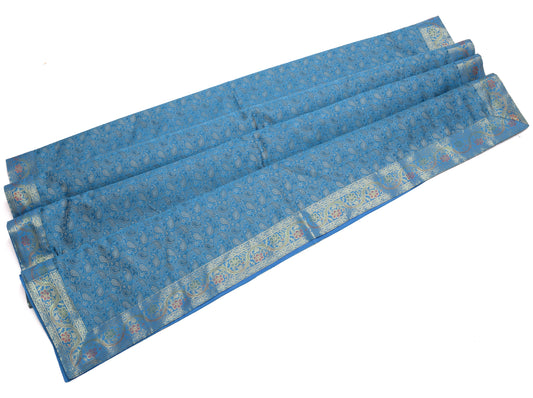 Dining Table Top Cover Cloth Blue Indian Banarasi Silk Woven Paisley 88"x 47"