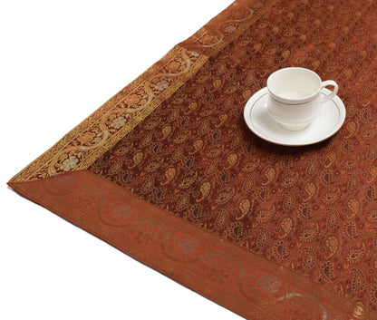 88"x47" Dining Table Top Cover Indian Banarasi Silk Woven Paisley Brown Cloth