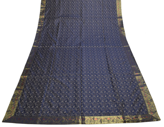 Indian Blue Table Top Cover Woven Zari Border Art Silk Brocade 88" x 47" Cloth