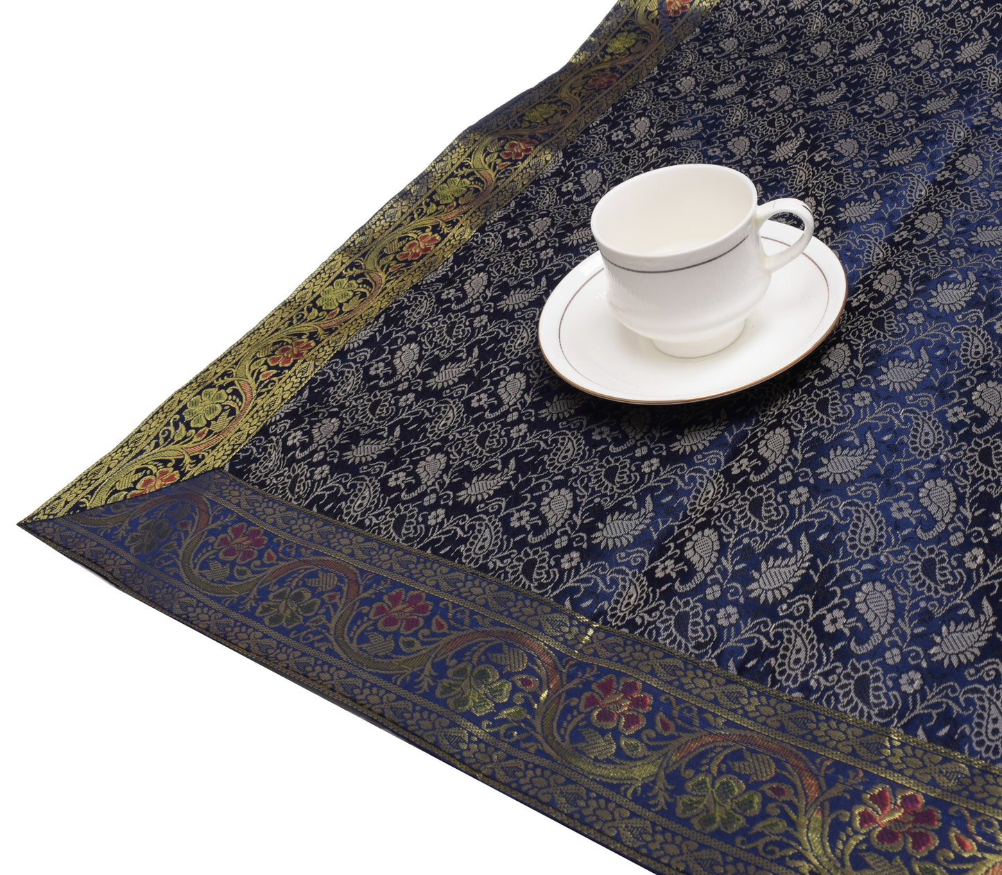 Indian Blue Table Top Cover Woven Zari Border Art Silk Brocade 88" x 47" Cloth