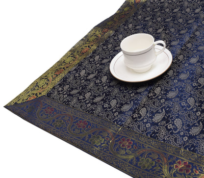 Indian Blue Table Top Cover Woven Zari Border Art Silk Brocade 88" x 47" Cloth