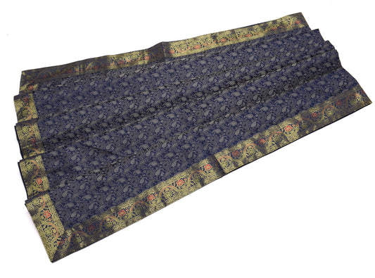 Indian Blue Table Top Cover Woven Zari Border Art Silk Brocade 88" x 47" Cloth