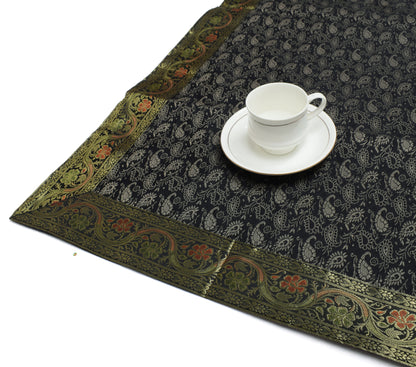Indian Black Table Top Cover Woven Zari Border Art Silk Brocade 88" x 47" Cloth