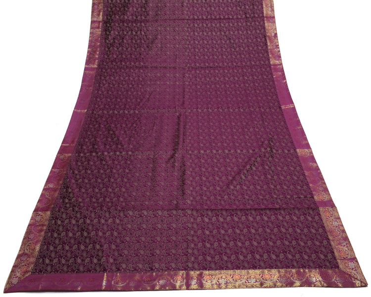 Indian Purple Table Top Cover Woven Zari Border Art Silk Brocade 88" x 47" Cloth