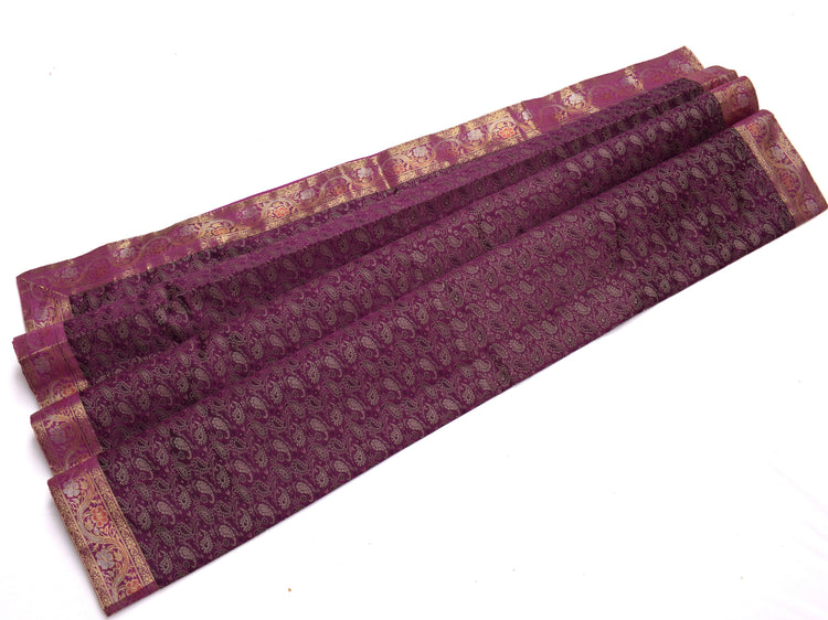 Indian Purple Table Top Cover Woven Zari Border Art Silk Brocade 88" x 47" Cloth