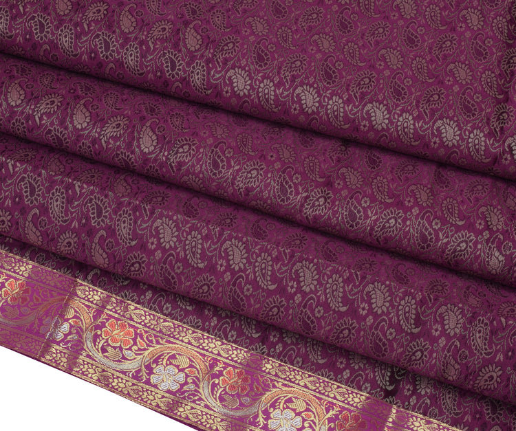 Indian Purple Table Top Cover Woven Zari Border Art Silk Brocade 88" x 47" Cloth