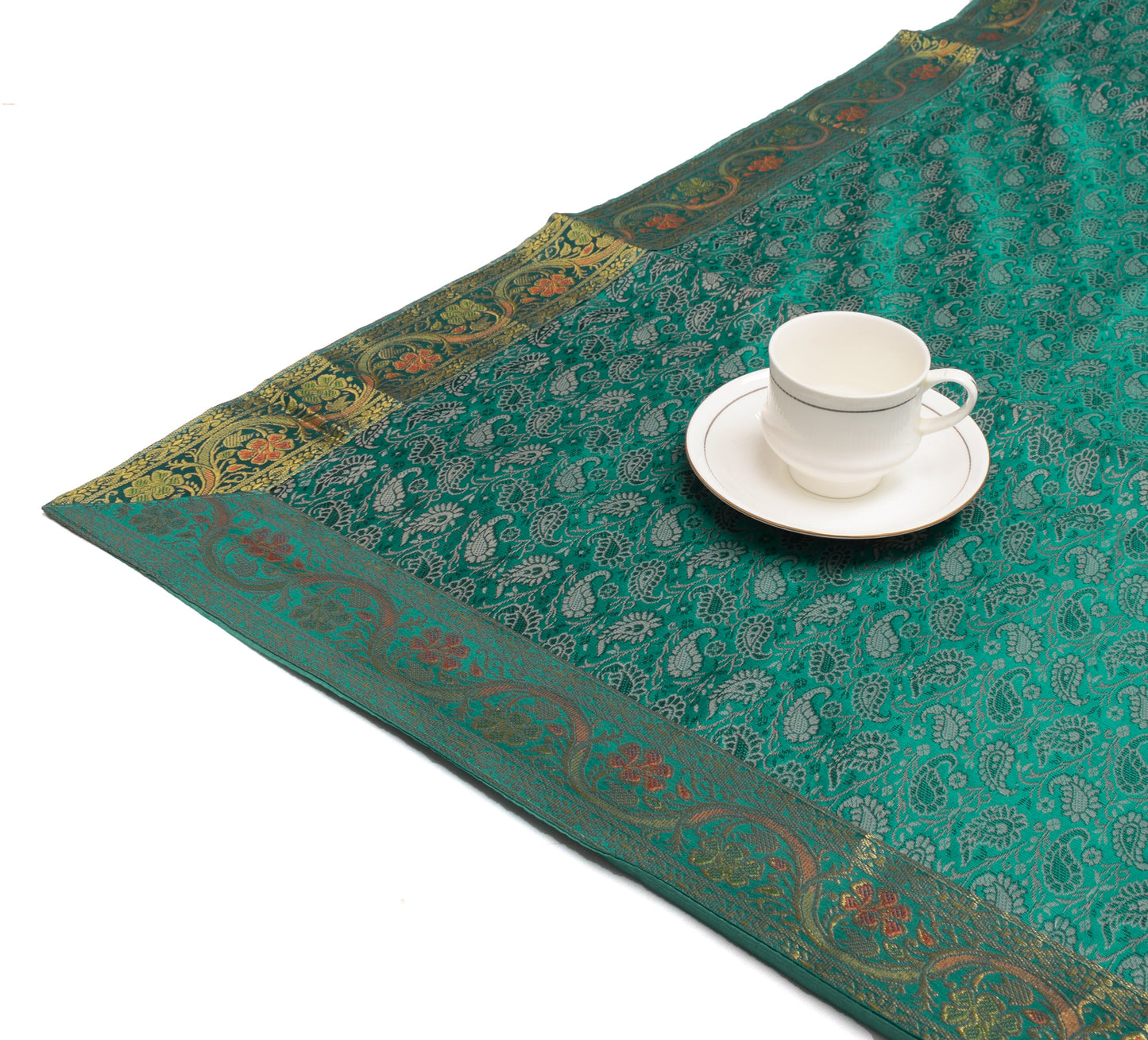 88" x 47"Dining Table Indian Banarasi Silk Woven Paisley  Top Cover Cloth Green