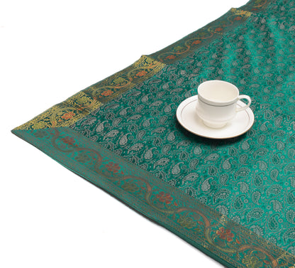 88" x 47"Dining Table Indian Banarasi Silk Woven Paisley  Top Cover Cloth Green
