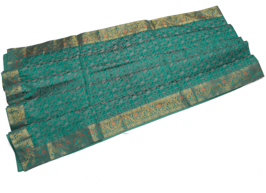 88" x 47"Dining Table Indian Banarasi Silk Woven Paisley  Top Cover Cloth Green