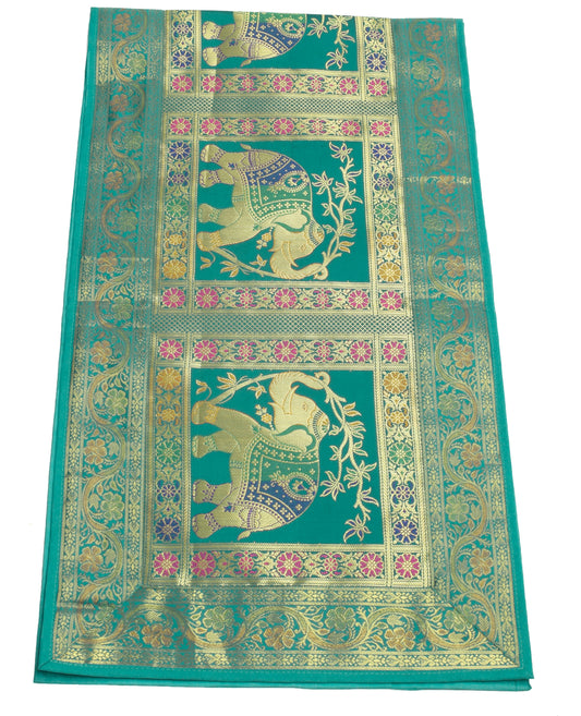 58"x16"Green TableRunner Dining Decor Indian Banarasi SilkBrocade Elephant Cloth