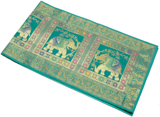 Green Table Runner Dining Decor Indian Banarasi Silk Brocade Elephant Cloth