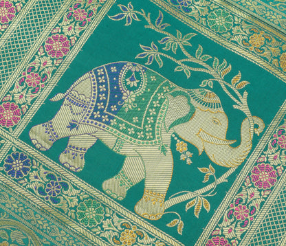 58"x16"Green TableRunner Dining Decor Indian Banarasi SilkBrocade Elephant Cloth