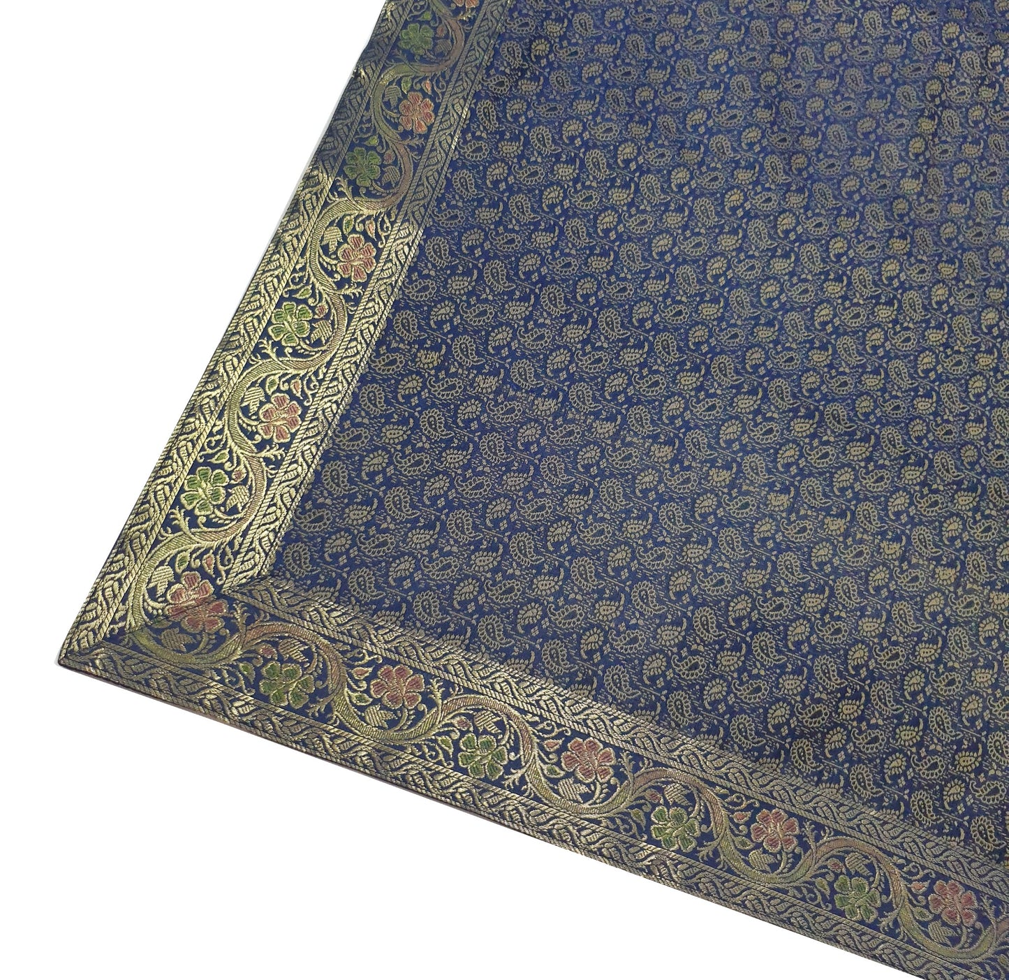 88"x48" Dining Table Top Cover Indian Banarasi Silk Woven Paisley DarkBlue Cloth
