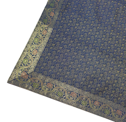 88"x48" Dining Table Top Cover Indian Banarasi Silk Woven Paisley DarkBlue Cloth
