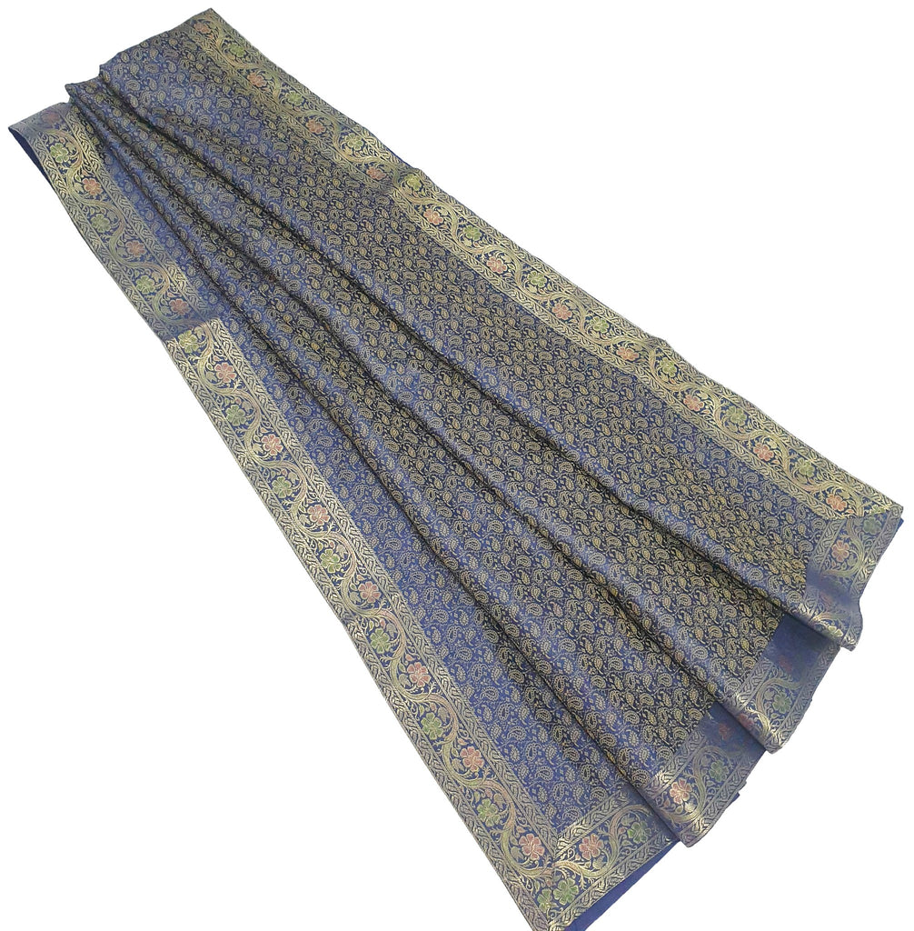 88"x48" Dining Table Top Cover Indian Banarasi Silk Woven Paisley DarkBlue Cloth
