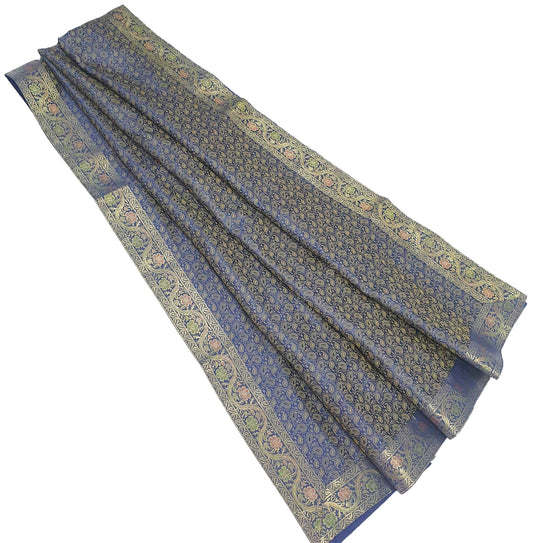 88"x48" Dining Table Top Cover Indian Banarasi Silk Woven Paisley DarkBlue Cloth