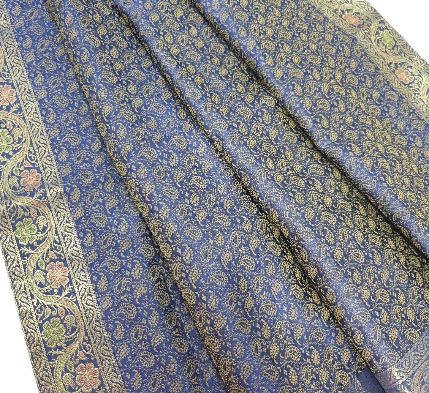 88"x48" Dining Table Top Cover Indian Banarasi Silk Woven Paisley DarkBlue Cloth