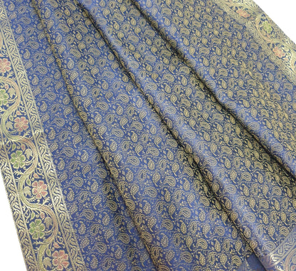 88"x48" Dining Table Top Cover Indian Banarasi Silk Woven Paisley DarkBlue Cloth