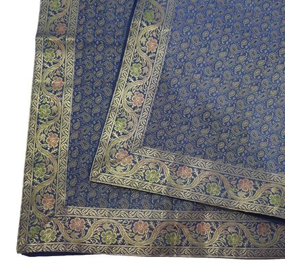 88"x48" Dining Table Top Cover Indian Banarasi Silk Woven Paisley DarkBlue Cloth