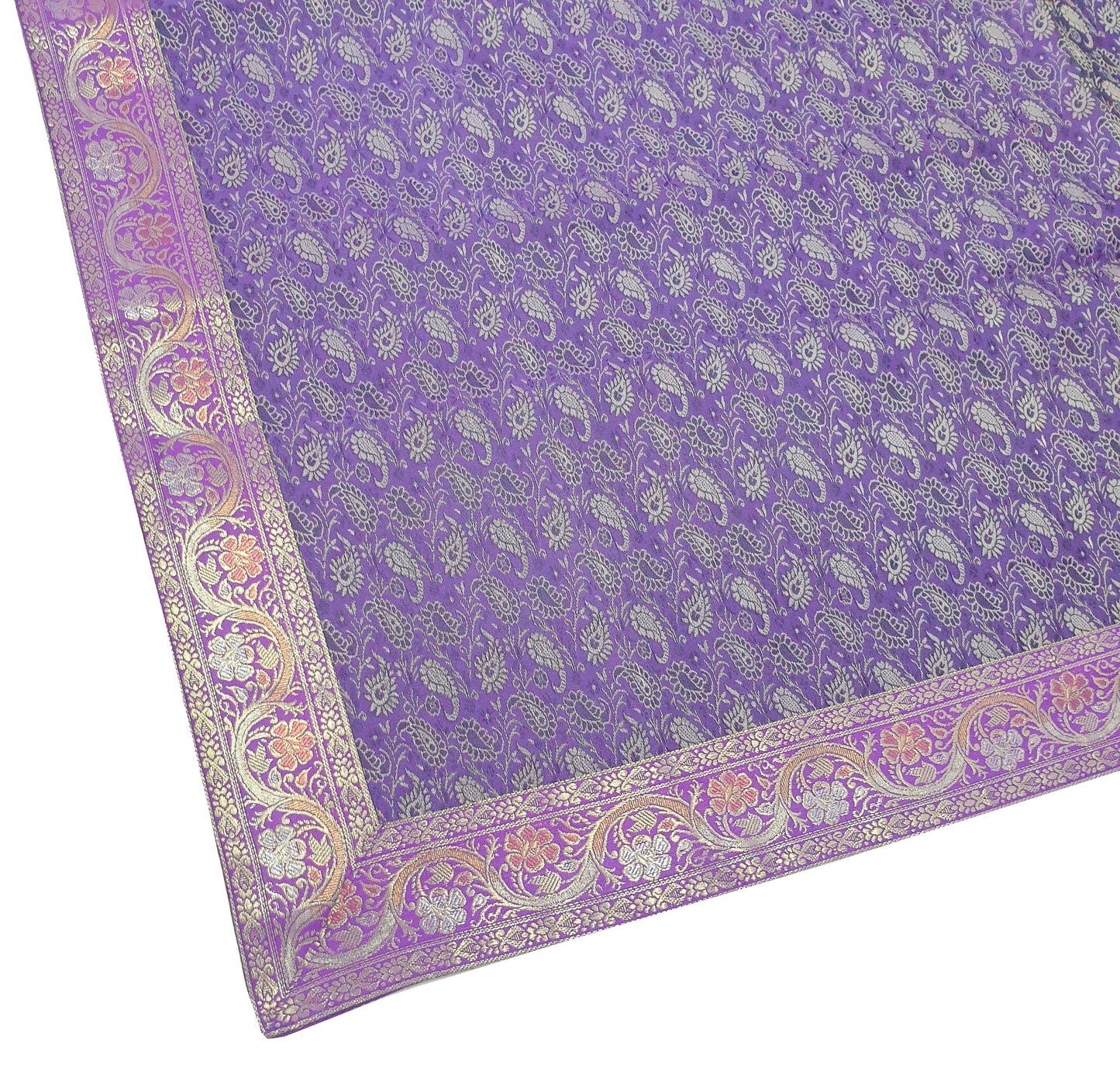 90"x48" Dining Table Top Cover Indian Banarasi Silk Woven Paisley Purple Cloth