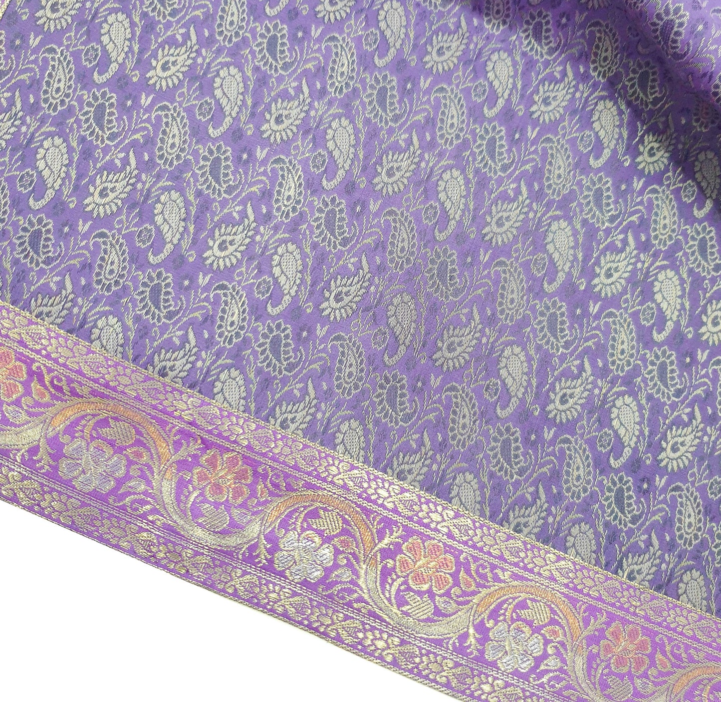 90"x48" Dining Table Top Cover Indian Banarasi Silk Woven Paisley Purple Cloth
