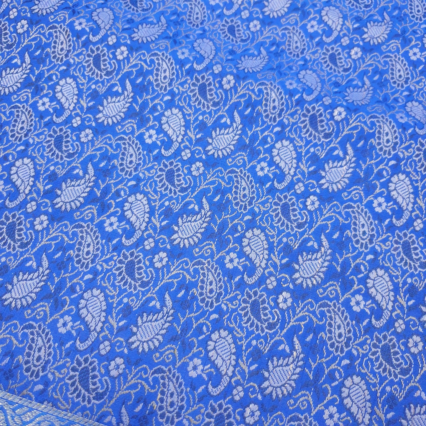 90"x48" Banarasi Dining Table Top Cover Indian Blue Silk Woven Paisley Cloth