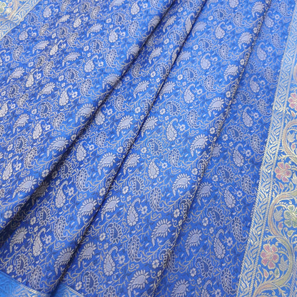 90"x48" Banarasi Dining Table Top Cover Indian Blue Silk Woven Paisley Cloth
