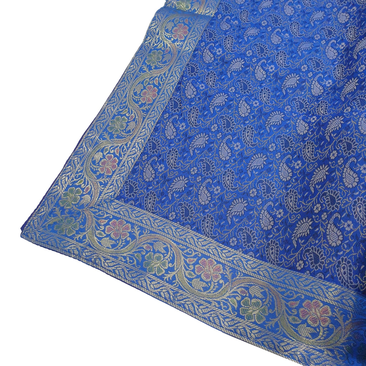 90"x48" Banarasi Dining Table Top Cover Indian Blue Silk Woven Paisley Cloth