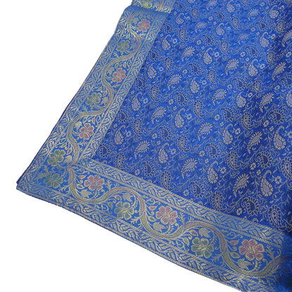90"x48" Banarasi Dining Table Top Cover Indian Blue Silk Woven Paisley Cloth