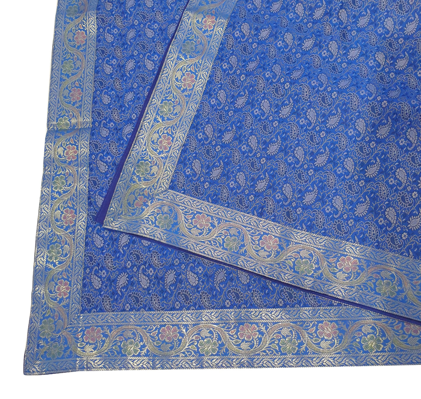 90"x48" Banarasi Dining Table Top Cover Indian Blue Silk Woven Paisley Cloth