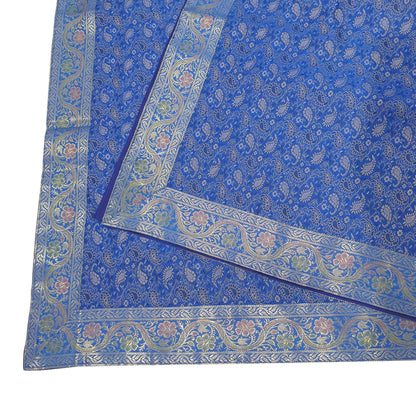 90"x48" Banarasi Dining Table Top Cover Indian Blue Silk Woven Paisley Cloth
